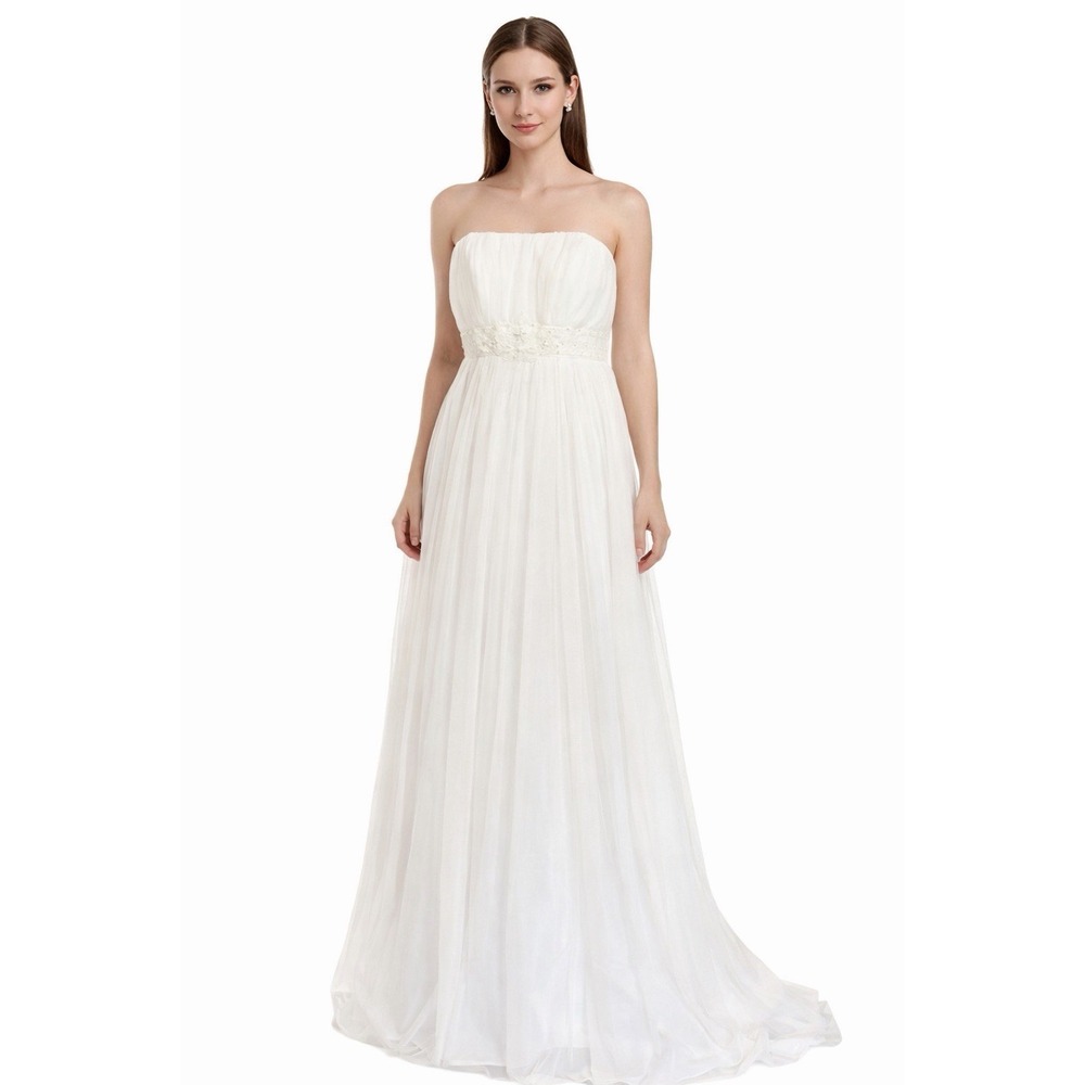 New White Strapless Tulle Net Wedding Gown Floor Length Lace‎ Waist Bridal Sz 16